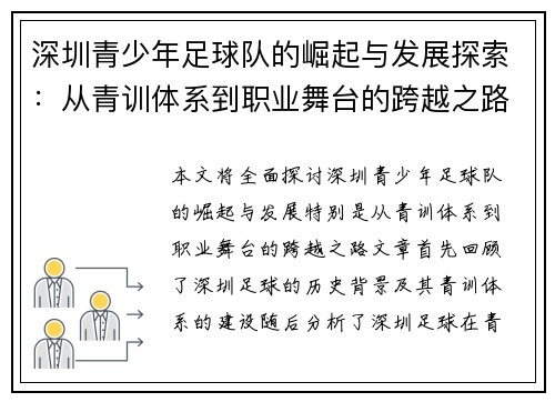 深圳青少年足球队的崛起与发展探索：从青训体系到职业舞台的跨越之路